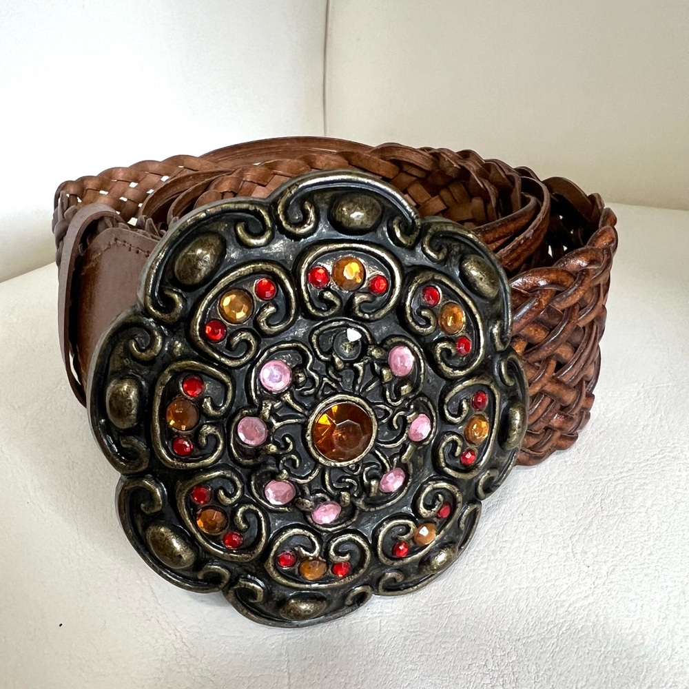 Woven Brown Leather Belt with Ornate Jeweled Buckle